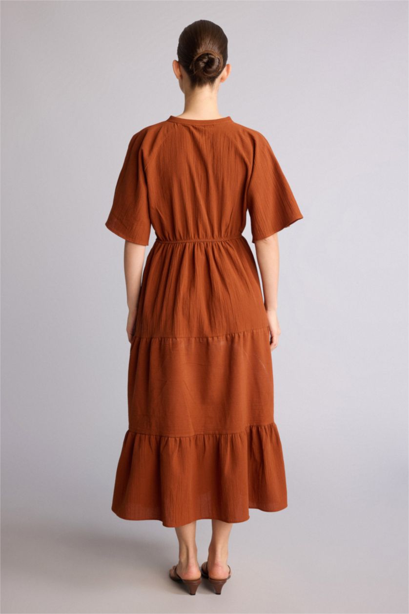 Kadın Turuncu A Kesim Midi Pamuklu Elbise