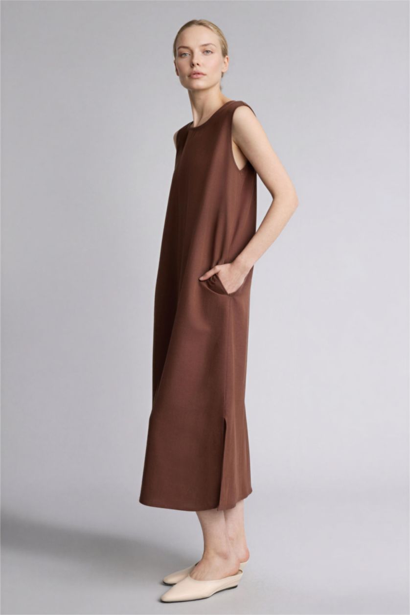 Kadın Kahve Kolsuz Keten Elbise