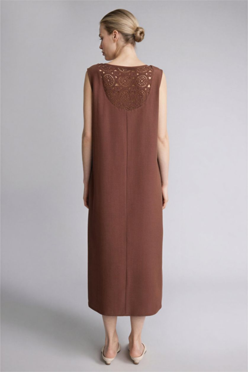 Kadın Kahve Kolsuz Keten Elbise