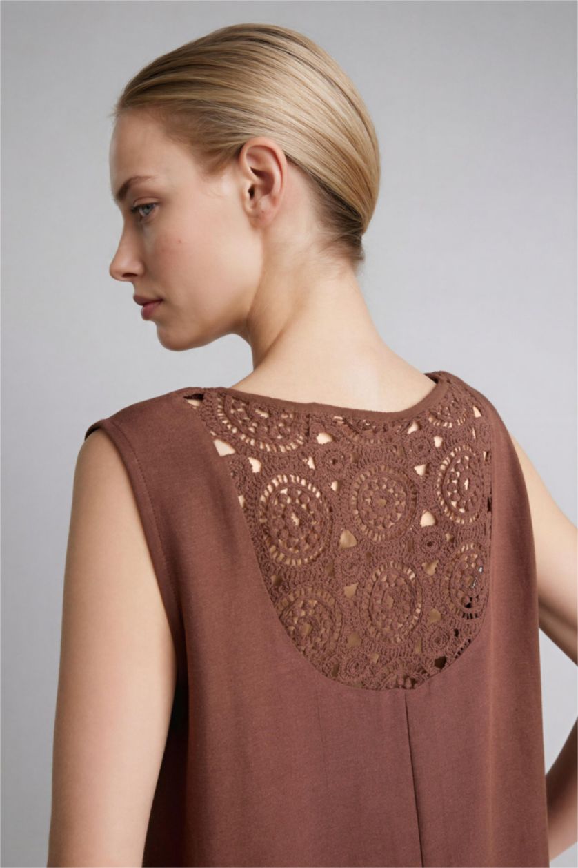 Kadın Kahve Kolsuz Keten Elbise