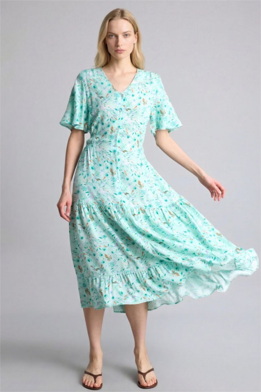 Kadın Ekru A Kesim Baskılı Elbise