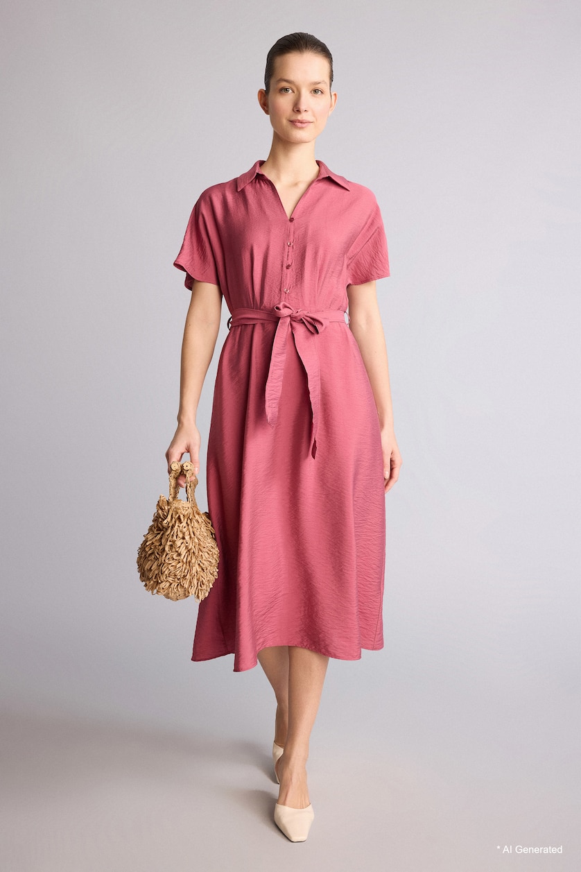 Woman Bordeaux A Line Shirt Collar Dress
