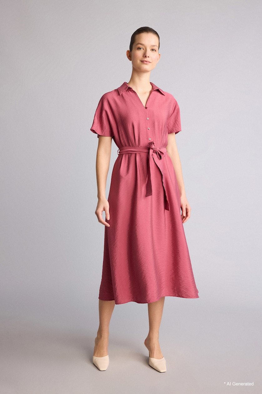 Woman Bordeaux A Line Shirt Collar Dress
