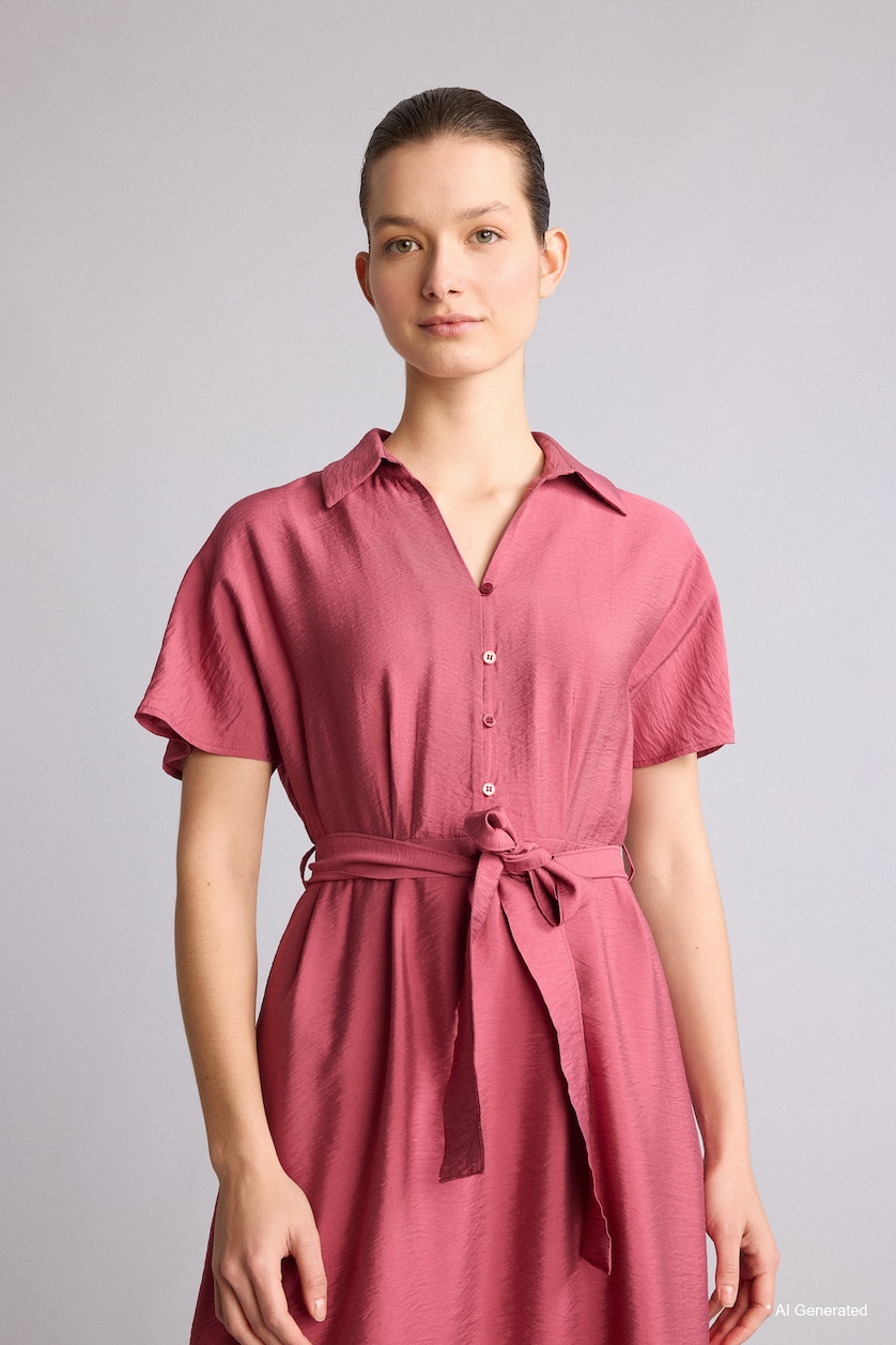 Woman Bordeaux A Line Shirt Collar Dress