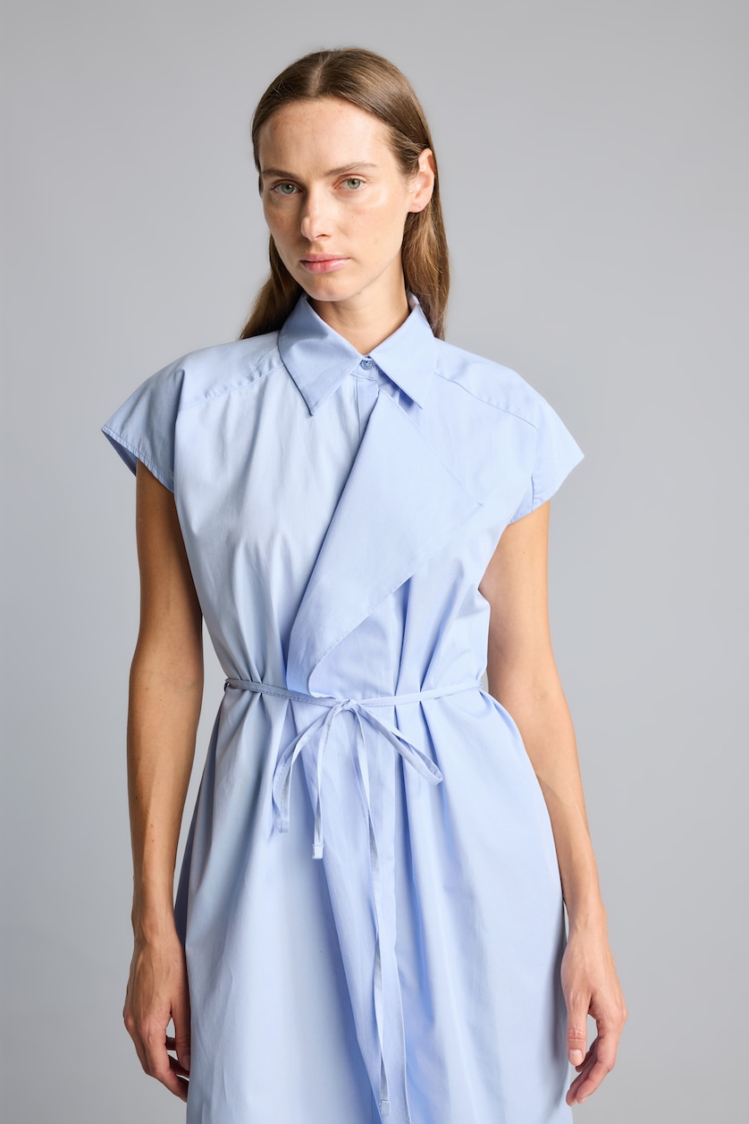 WOMAN Blue Shirt Collar Poplin Belted Maxi Dress