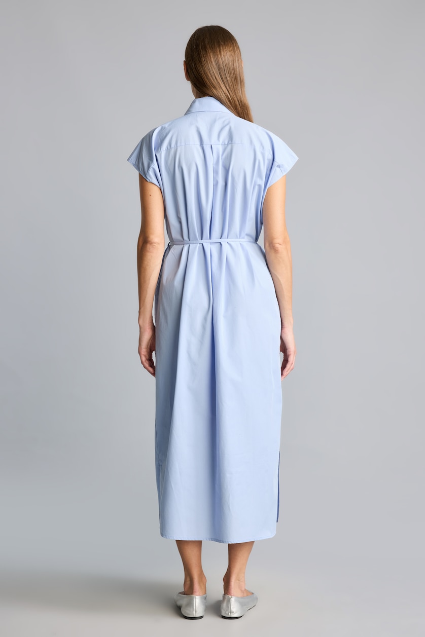 WOMAN Blue Shirt Collar Poplin Belted Maxi Dress