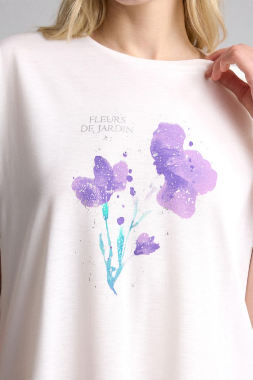 Kadın Ekru Kısa kollu Çiçek desenli Tişört