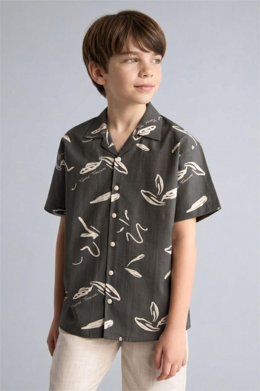Erkek Çocuk - Genç Erkek Haki Regular Fit Kısa kollu Keten Desenli Gömlek Erkek Çocuk
