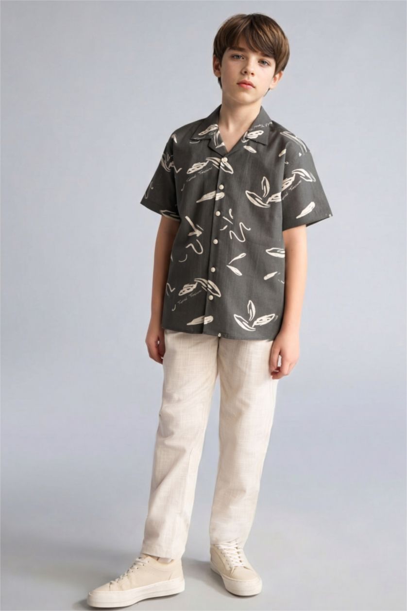 Erkek Çocuk - Genç Erkek Haki Regular Fit Kısa kollu Keten Desenli Gömlek Erkek Çocuk