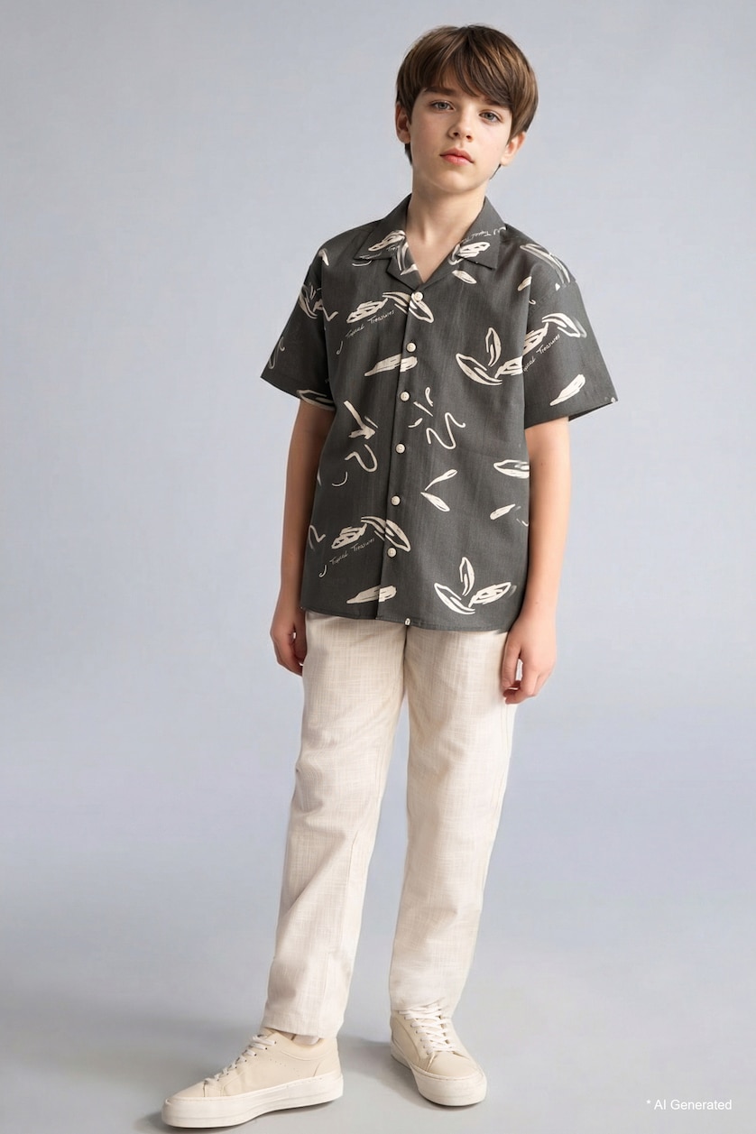 BOYS & TEENS Khaki Boy Regular Fit Tropical Linen Look Shirt
