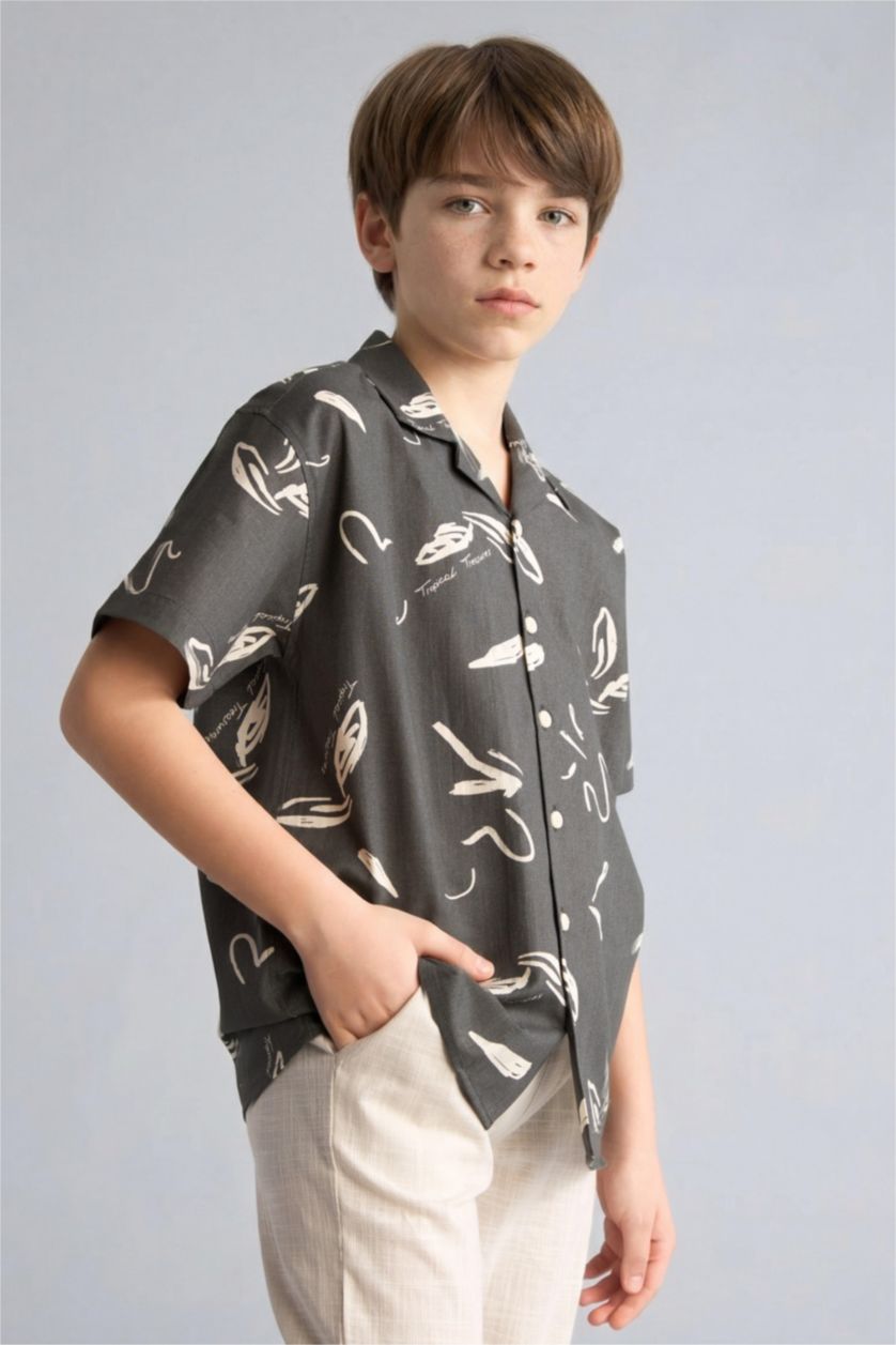 Erkek Çocuk - Genç Erkek Haki Regular Fit Kısa kollu Keten Desenli Gömlek Erkek Çocuk