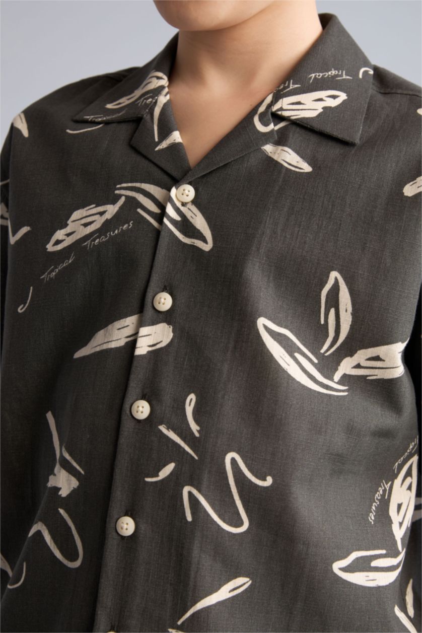 Erkek Çocuk - Genç Erkek Haki Regular Fit Kısa kollu Keten Desenli Gömlek Erkek Çocuk