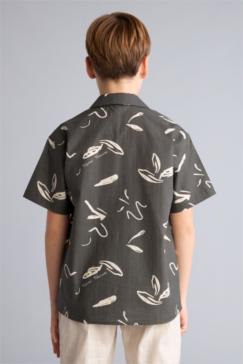 Erkek Çocuk - Genç Erkek Haki Regular Fit Kısa kollu Keten Desenli Gömlek Erkek Çocuk