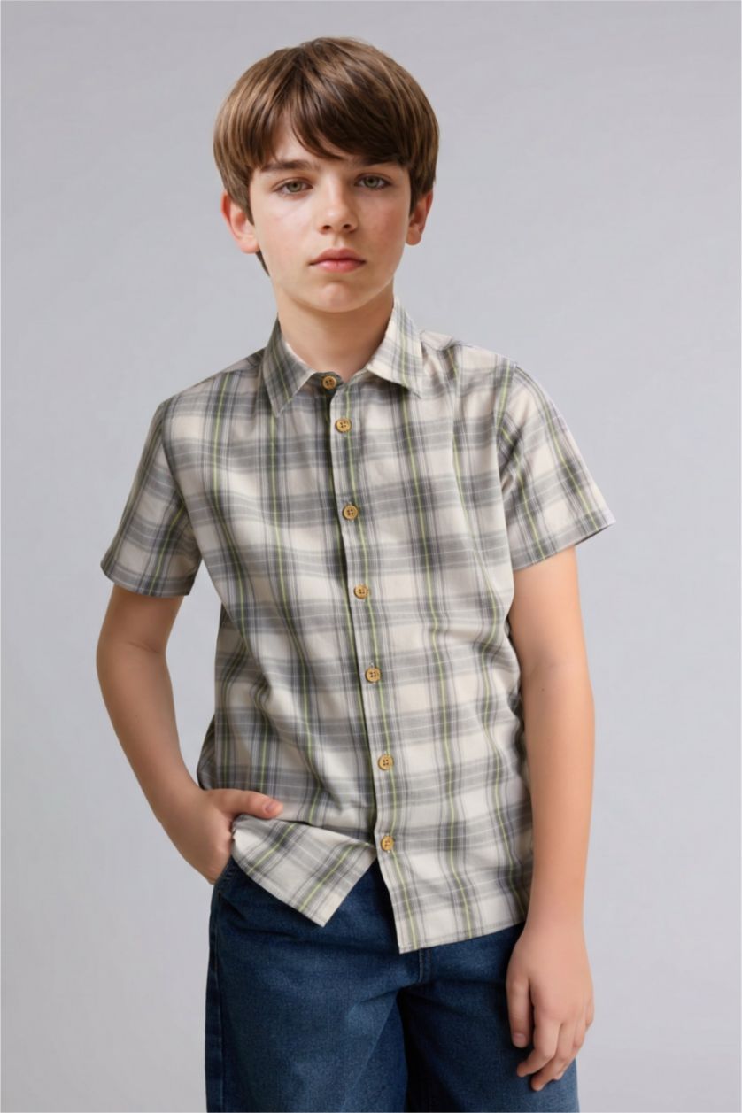 BOYS & TEENS Beige قميص مخطط اولادي قطن 100% قصة عادية بياقة عالية