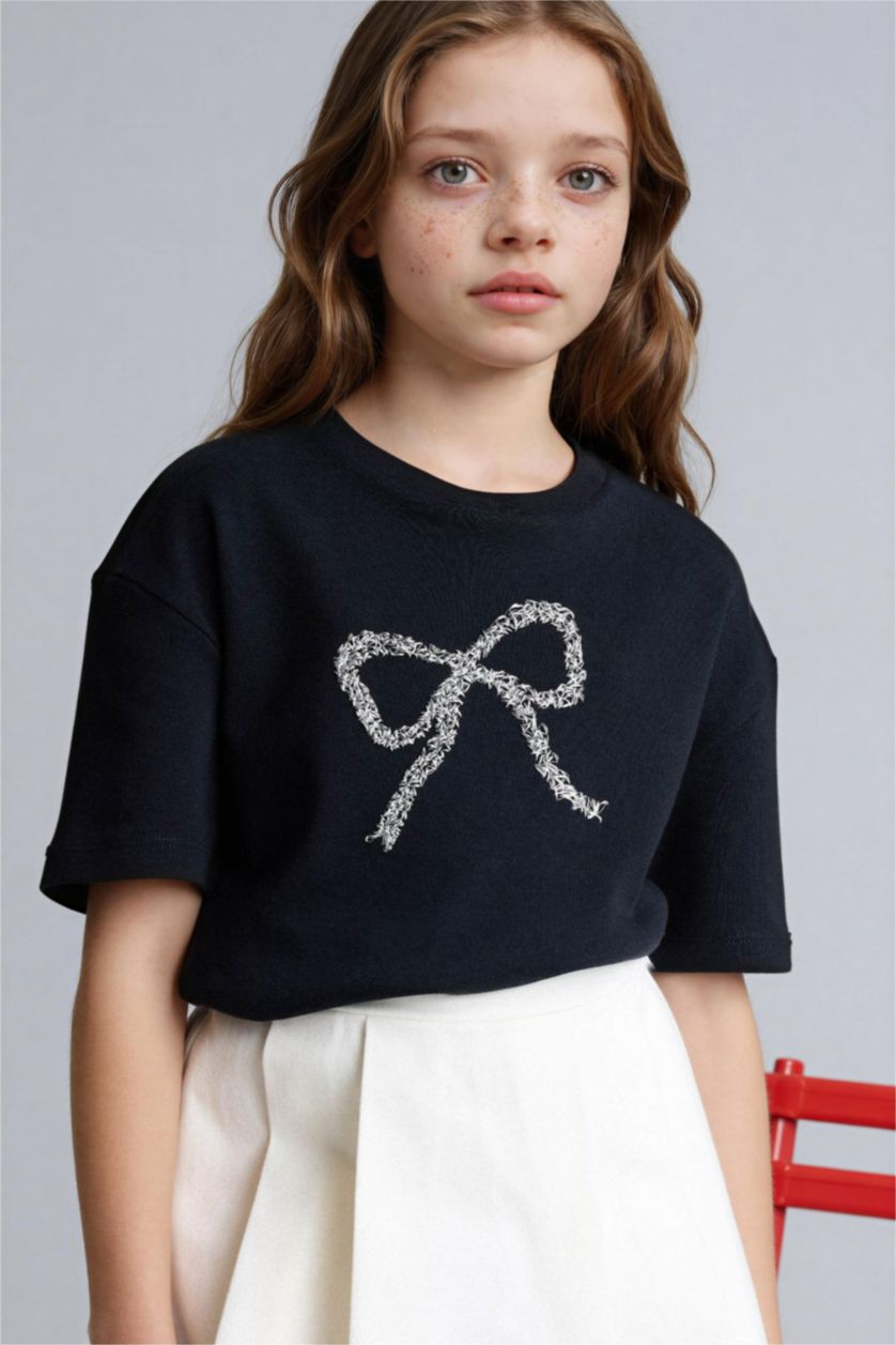 بنات أسود تيشيرت بناتي نص ردن بياخة مستديرة