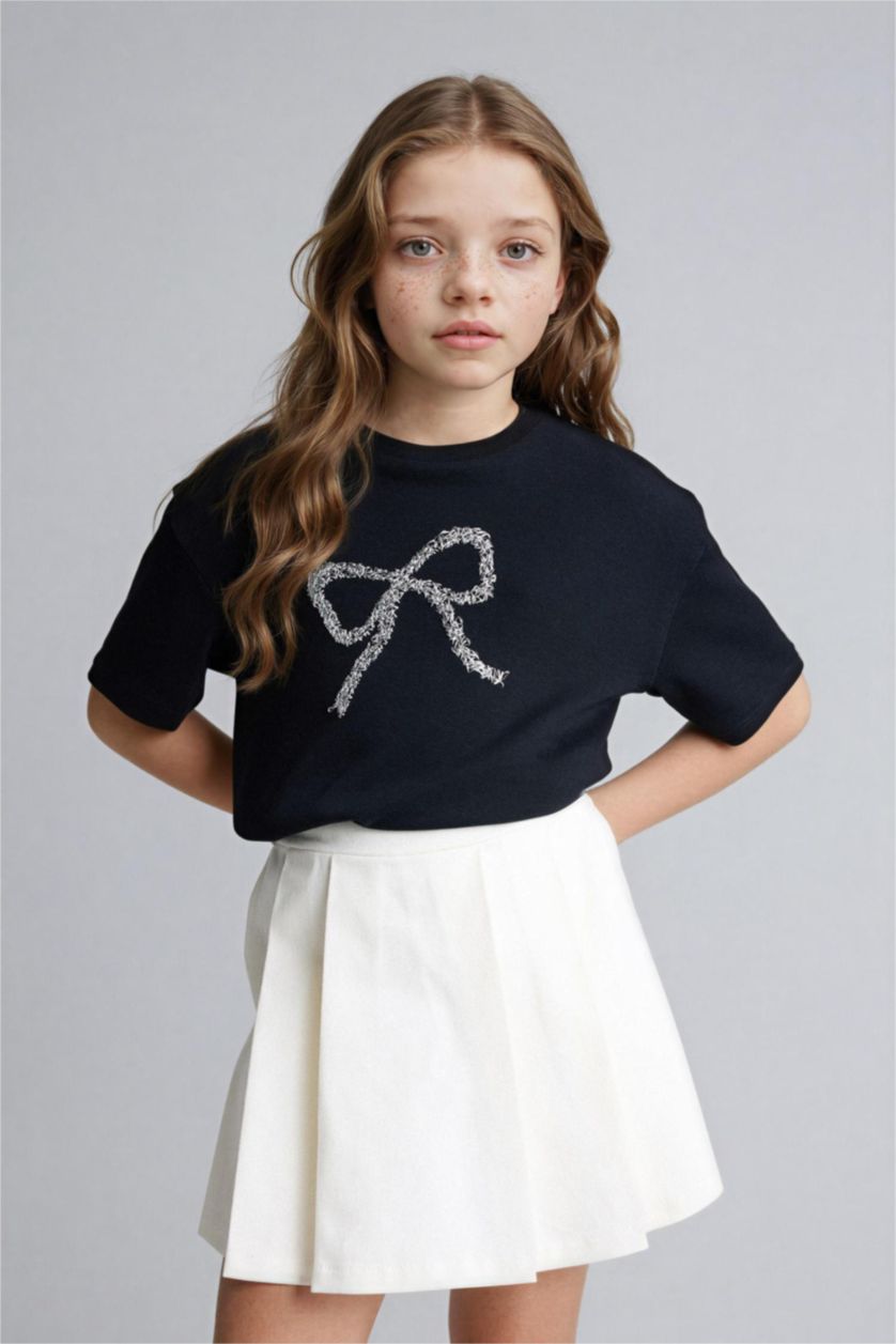 بنات أسود تيشيرت بناتي نص ردن بياخة مستديرة