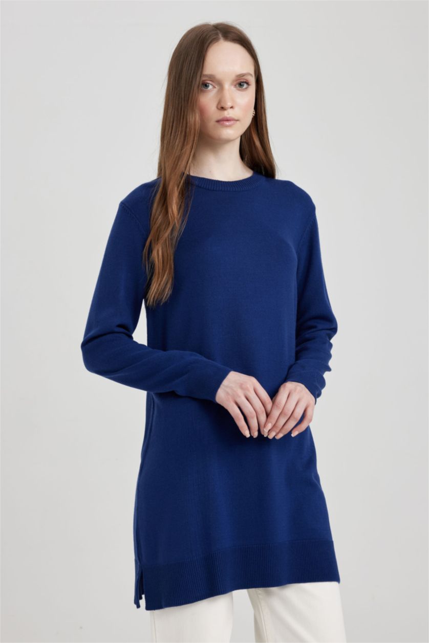 WOMAN Dark Blue Regular Fit Crew Neck Slit Basic Pullover Tunic
