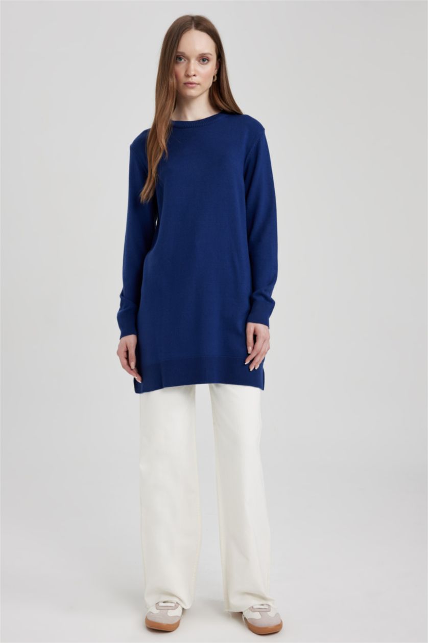 WOMAN Dark Blue Regular Fit Crew Neck Slit Basic Pullover Tunic
