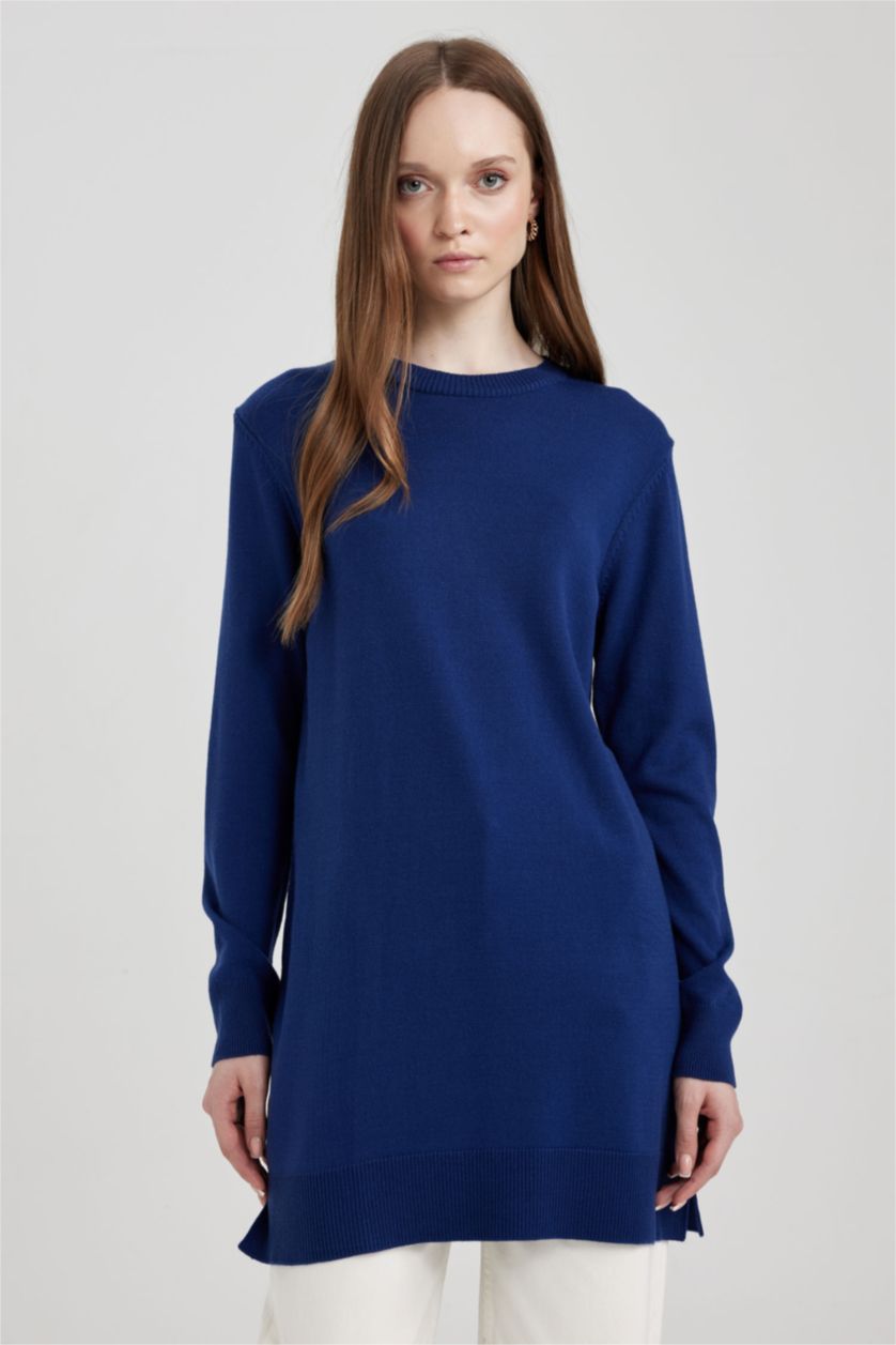 WOMAN Dark Blue Regular Fit Crew Neck Slit Basic Pullover Tunic