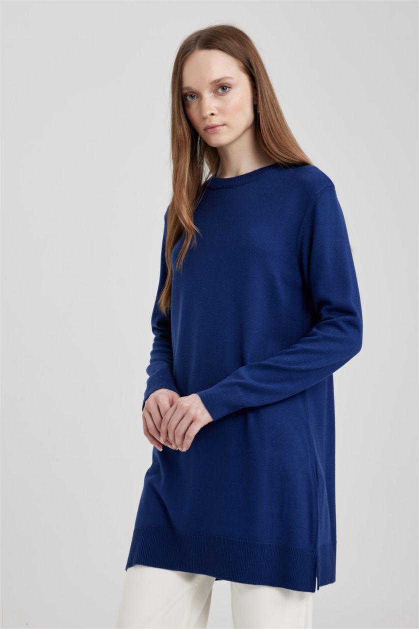 WOMAN Dark Blue Regular Fit Crew Neck Slit Basic Pullover Tunic