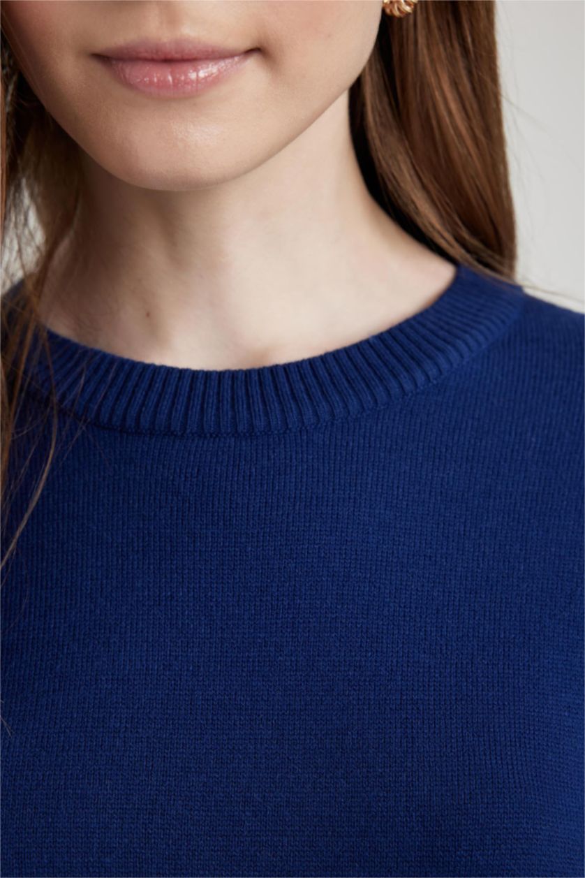 WOMAN Dark Blue Regular Fit Crew Neck Slit Basic Pullover Tunic