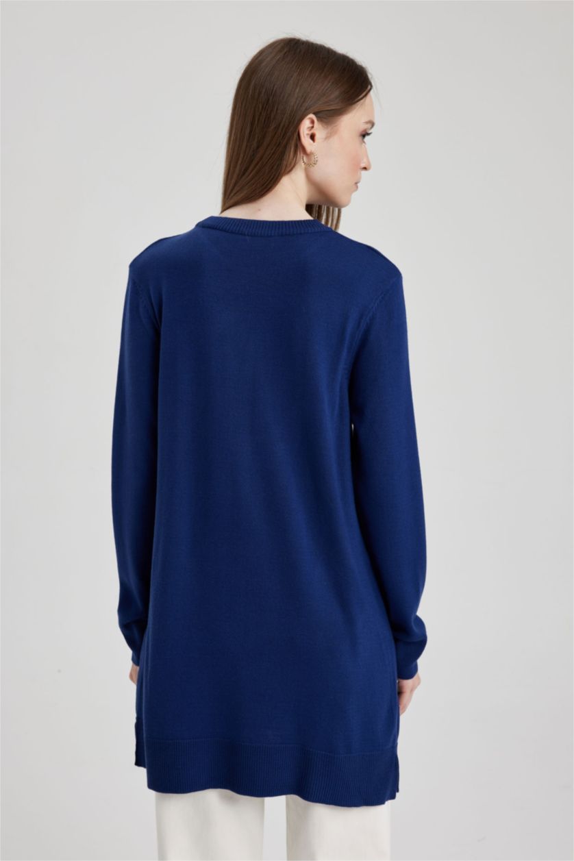 WOMAN Dark Blue Regular Fit Crew Neck Slit Basic Pullover Tunic