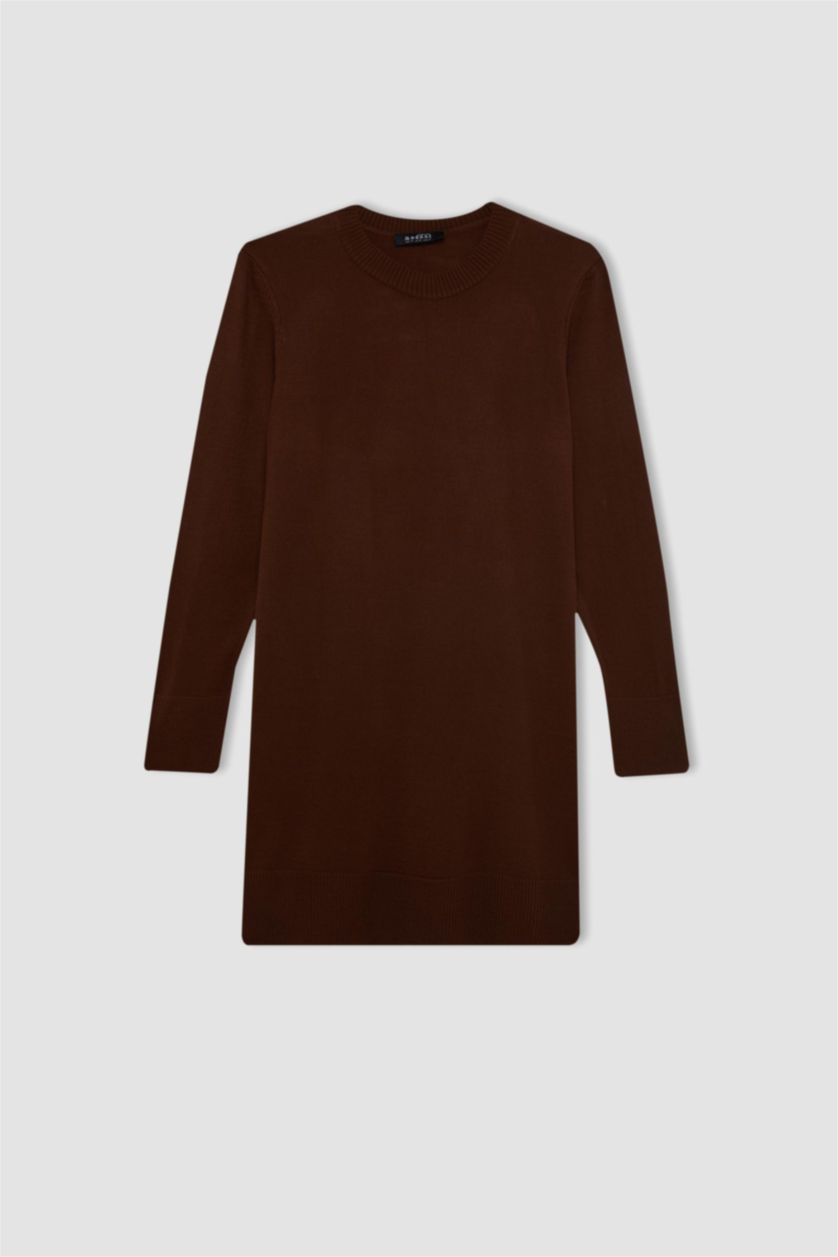 Kadın Kahve Regular Fit Bisiklet Yaka Yırtmaçlı Basic Düz Triko Kazak Tunik