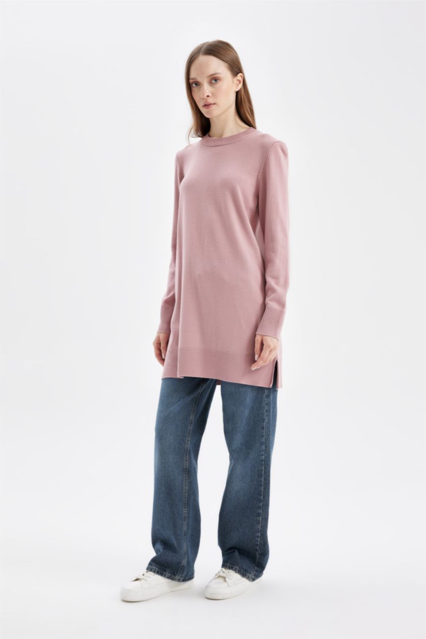 Kadın Gülkurusu Regular Fit Bisiklet Yaka Yırtmaçlı Basic Düz Triko Kazak Tunik