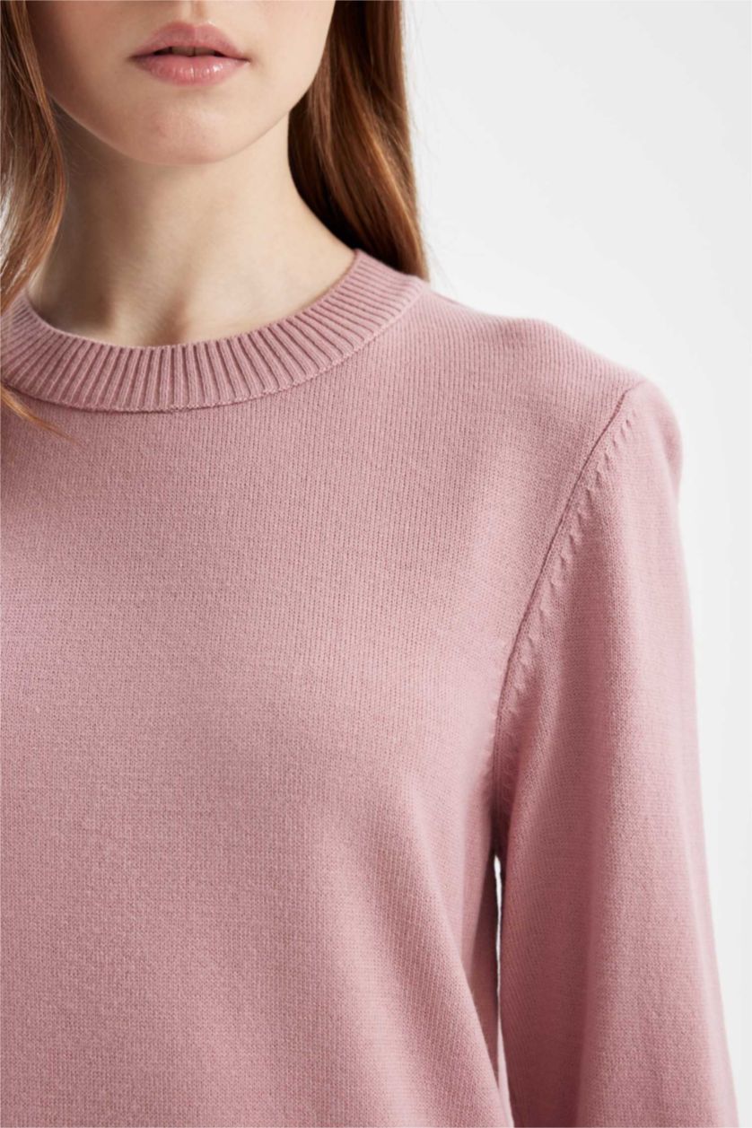 Kadın Gülkurusu Regular Fit Bisiklet Yaka Yırtmaçlı Basic Düz Triko Kazak Tunik