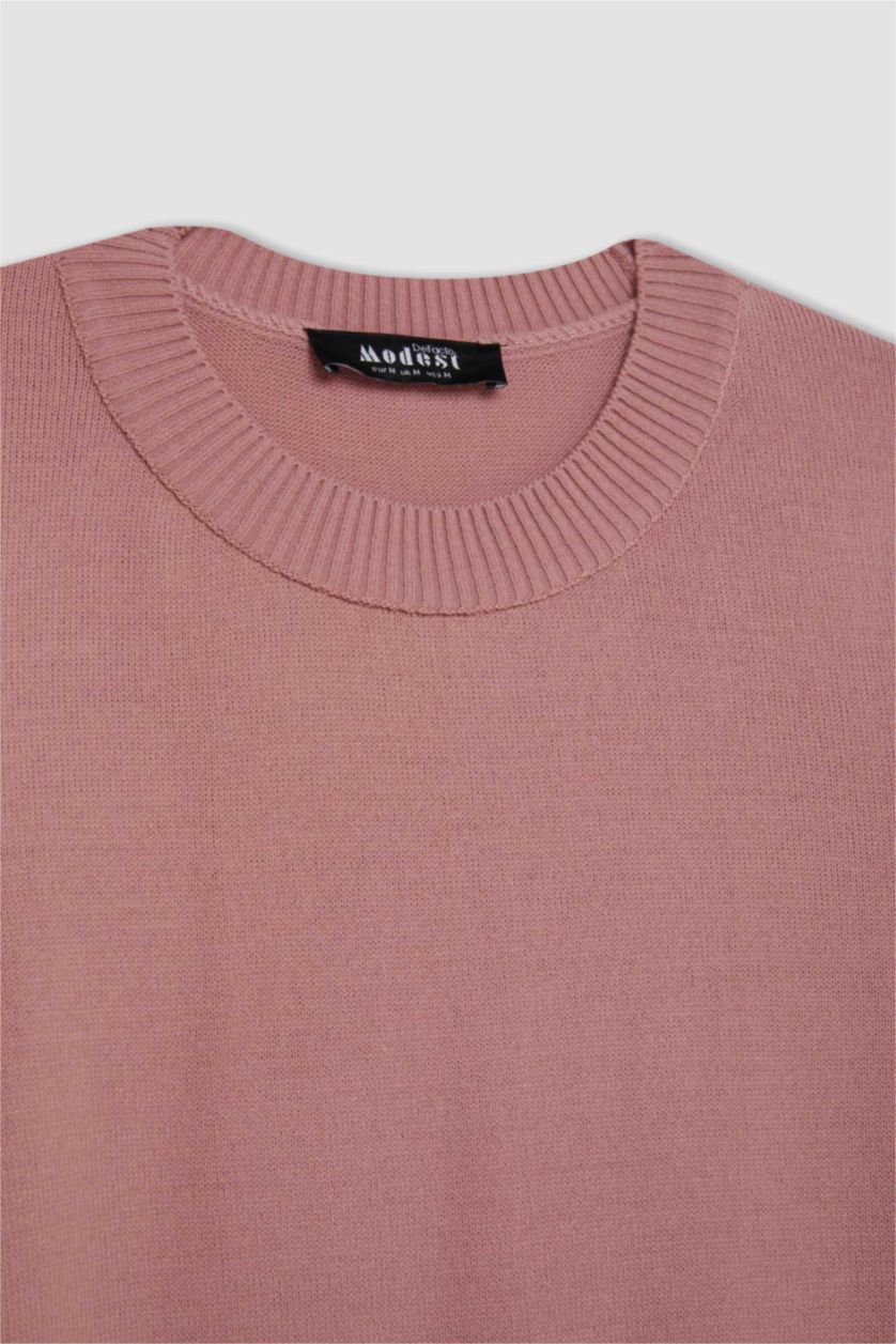 Kadın Gülkurusu Regular Fit Bisiklet Yaka Yırtmaçlı Basic Düz Triko Kazak Tunik