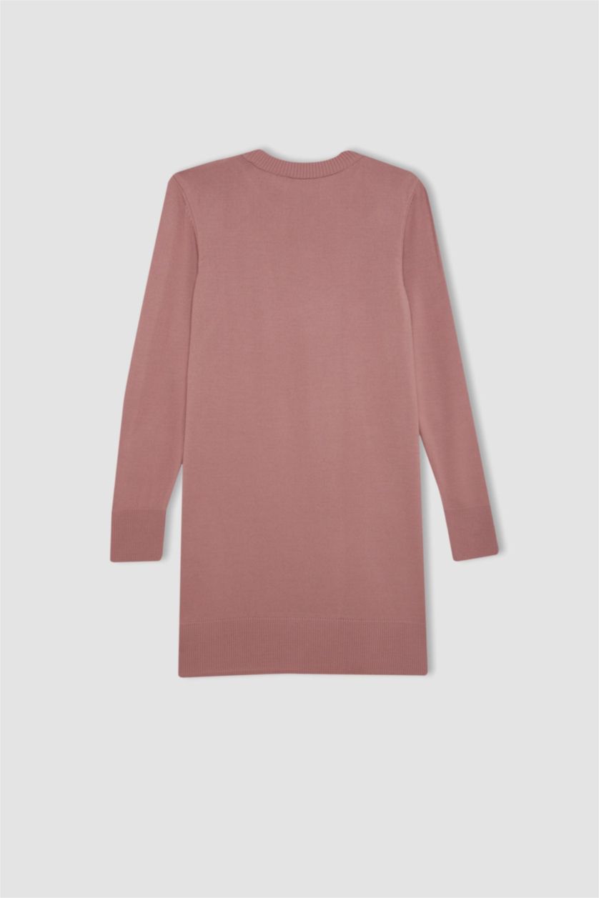 Kadın Gülkurusu Regular Fit Bisiklet Yaka Yırtmaçlı Basic Düz Triko Kazak Tunik