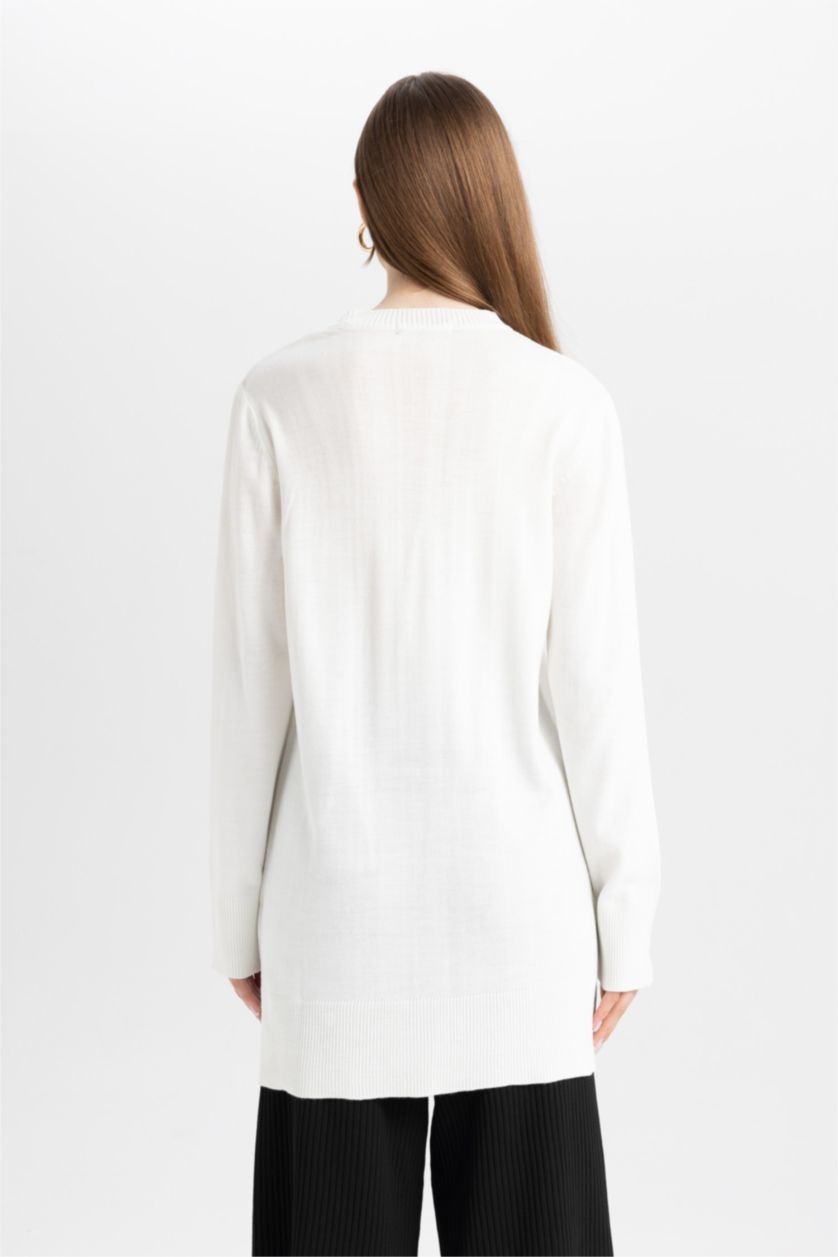 Kadın Ekru  Regular Fit Bisiklet Yaka Yırtmaçlı Basic Düz Kazak Tunik