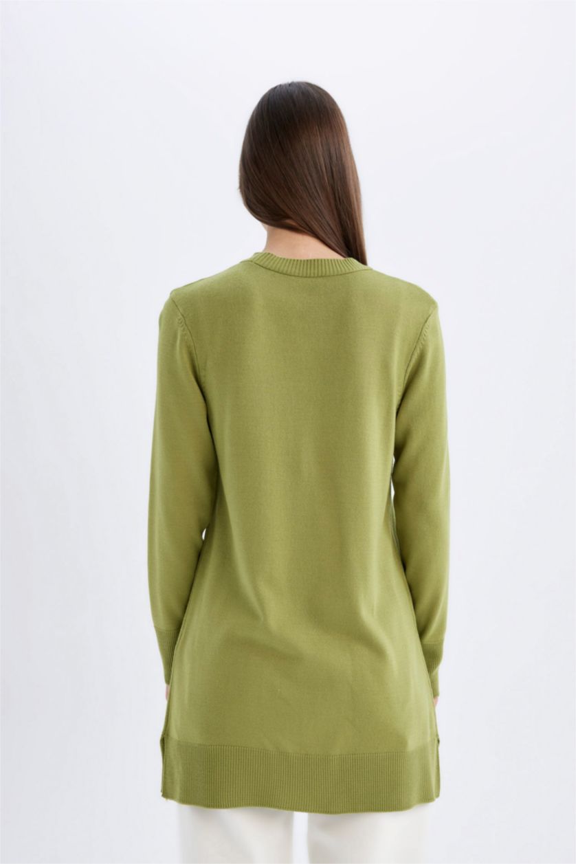 WOMAN Olive Regular Fit Crew Neck Slit Basic Knitted Pullover