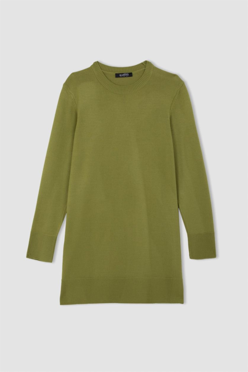 WOMAN Olive Regular Fit Crew Neck Slit Basic Knitted Pullover