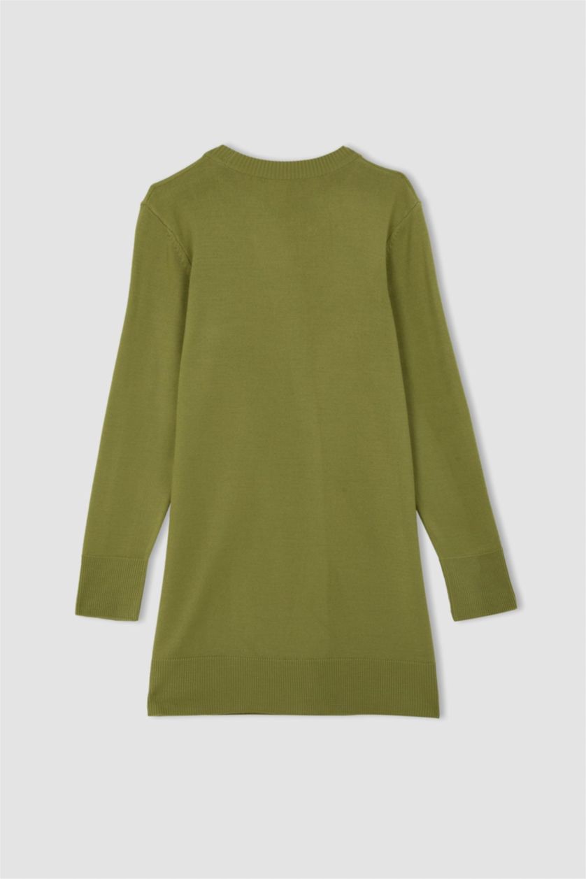 WOMAN Olive Regular Fit Crew Neck Slit Basic Knitted Pullover