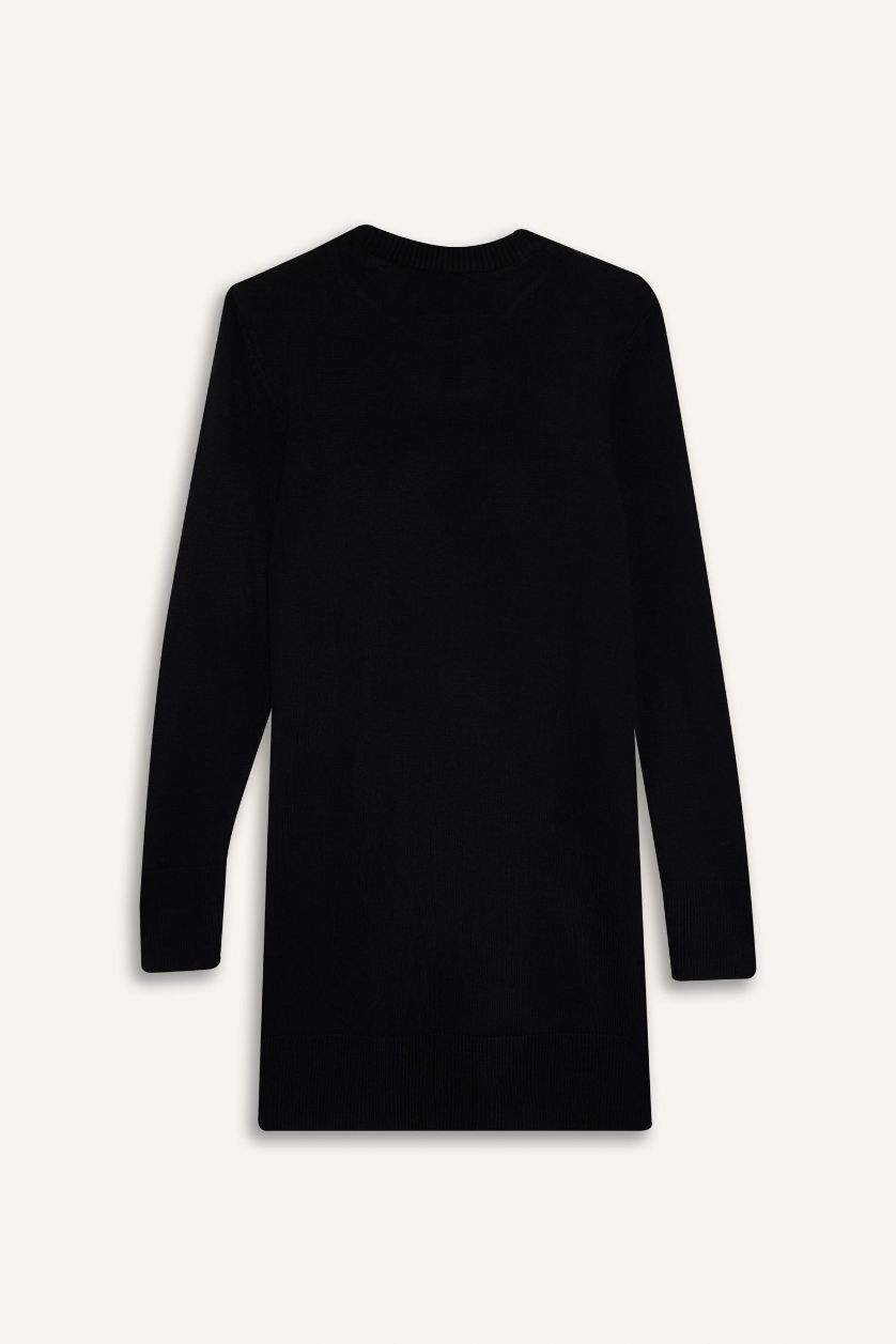 Kadın Siyah Regular Fit Bisiklet Yaka Yırtmaçlı Basic Düz Triko Kazak Tunik