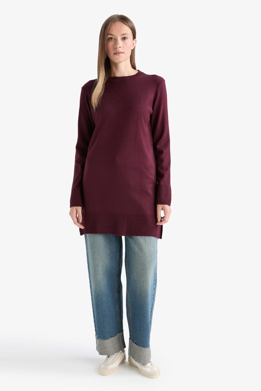 WOMAN Light Bordeaux Regular Fit Crew Neck Tunic