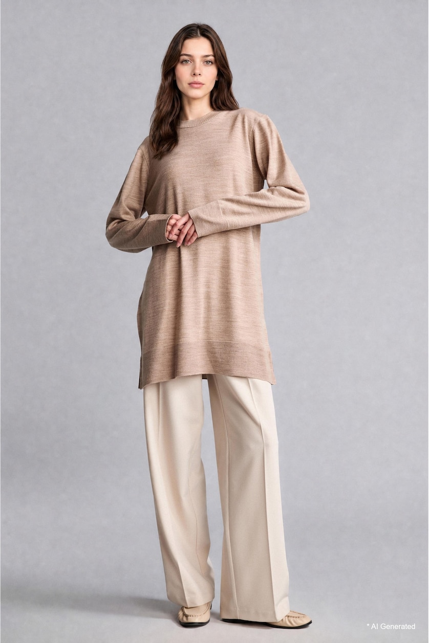 Women Beige Regular Fit Crew Neck Beige Knit Tunic
