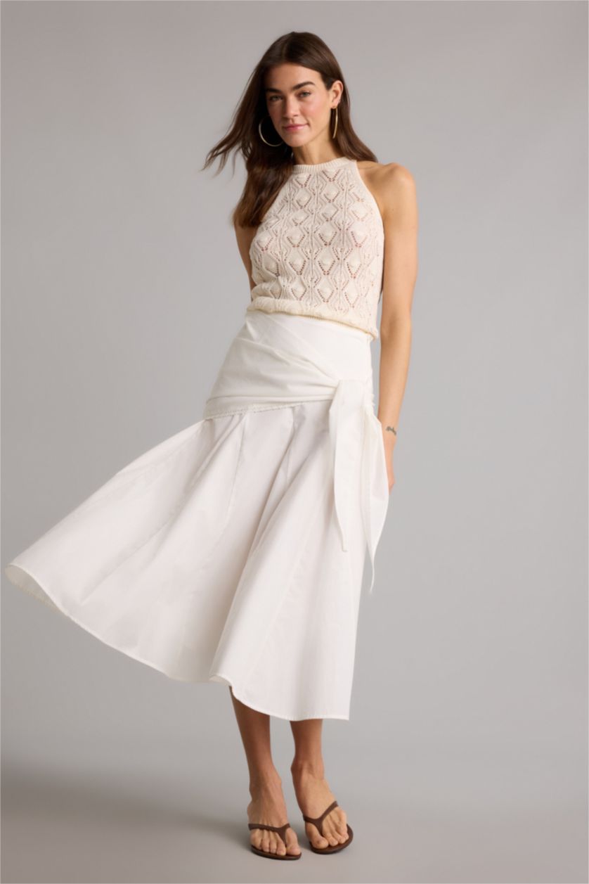 Kadın Kırık Beyaz A Kesim Normal Bel Poplin Midi Etek