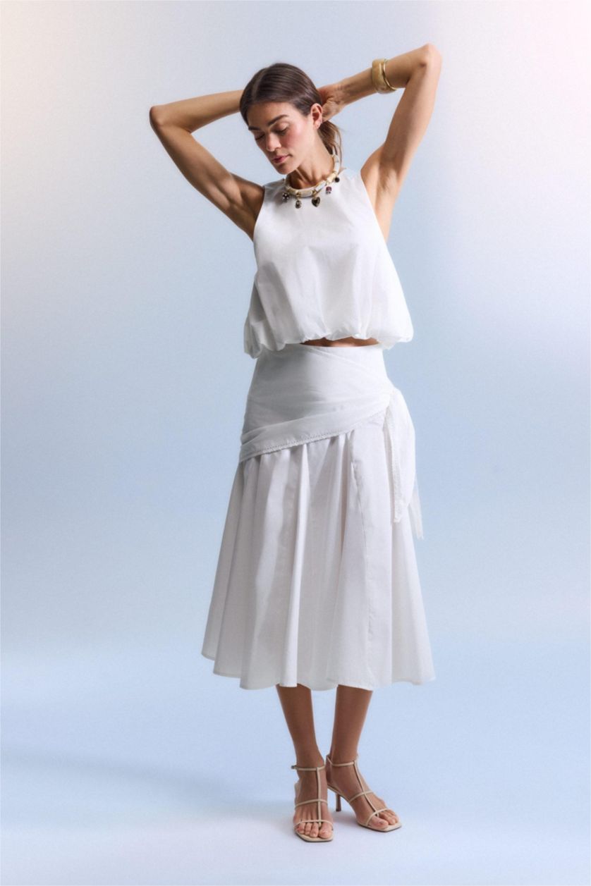 Kadın Kırık Beyaz Afra x Defacto A Kesim Normal Bel Poplin Midi Etek