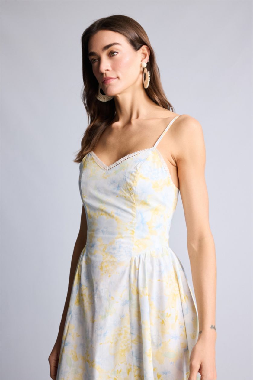 Kadın Mavi Kalp Yaka Baskılı Poplin Askılı Midi Elbise