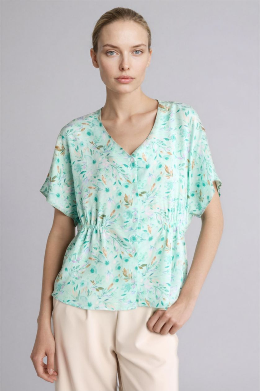 Kadın Ekru Relaxed Fit Baskılı Gömlek