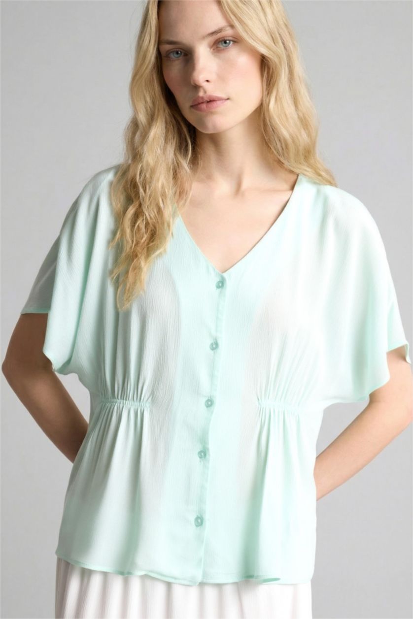 Kadın Mint Relaxed Fit Kısa kollu Krinkıl Gömlek