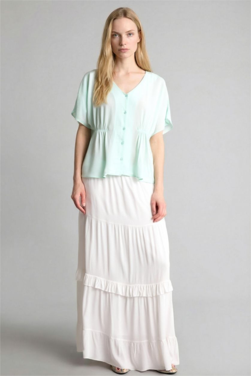 Kadın Mint Relaxed Fit Kısa kollu Krinkıl Gömlek