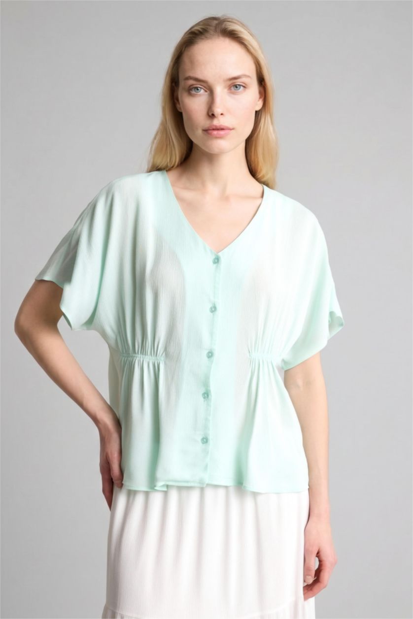 Woman Mint Relax Fit Crinkle Viscose Short Sleeve Shirt