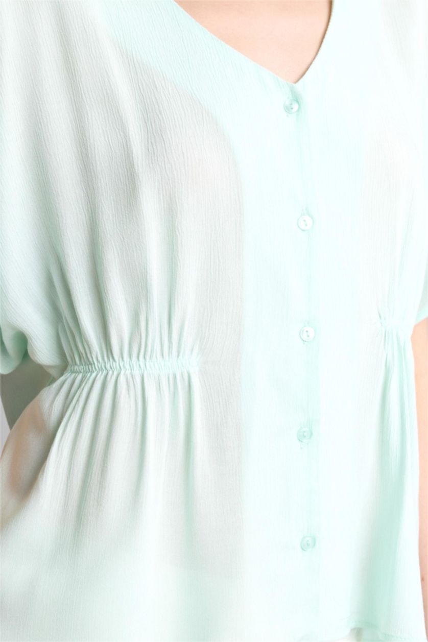 Woman Mint Relax Fit Crinkle Viscose Short Sleeve Shirt