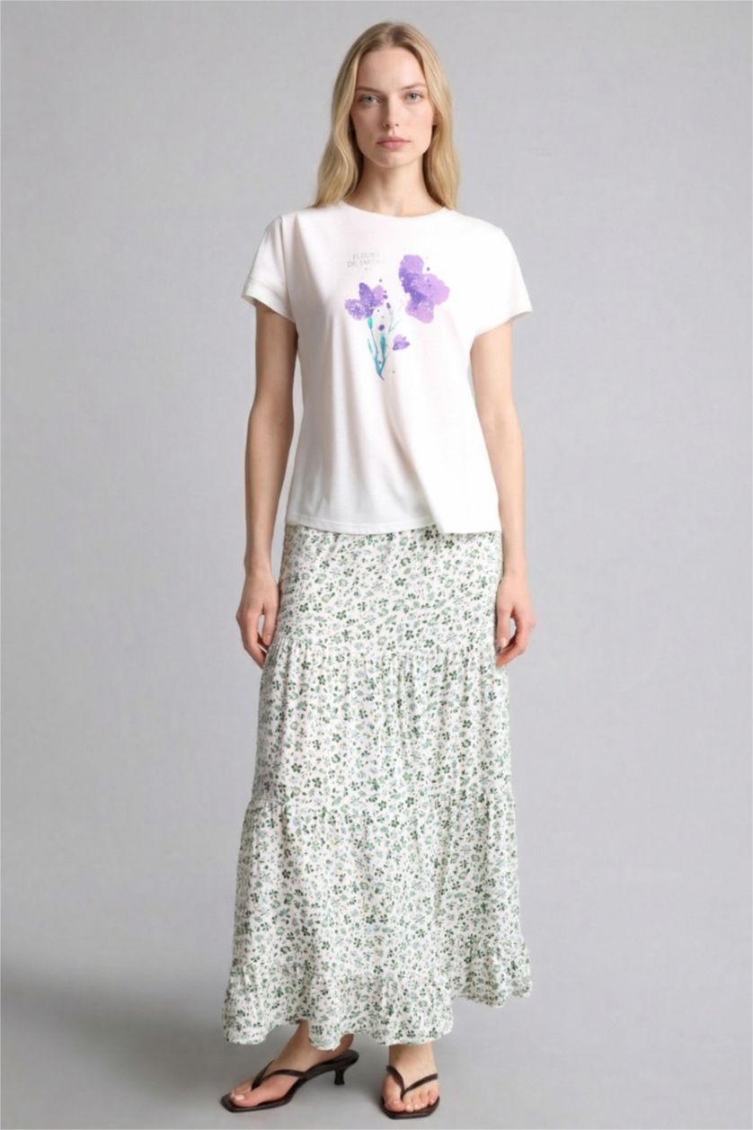 Kadın Ekru Baskılı Etek