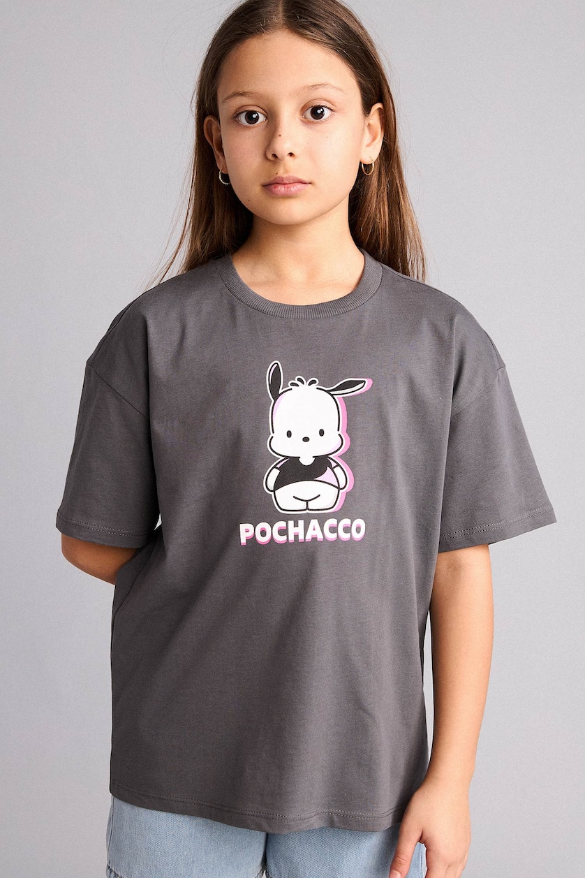 Kız Çocuk - Genç Kız Antrasit %100 Pamuk Pochacco Oversize Tişört Kız Çocuk