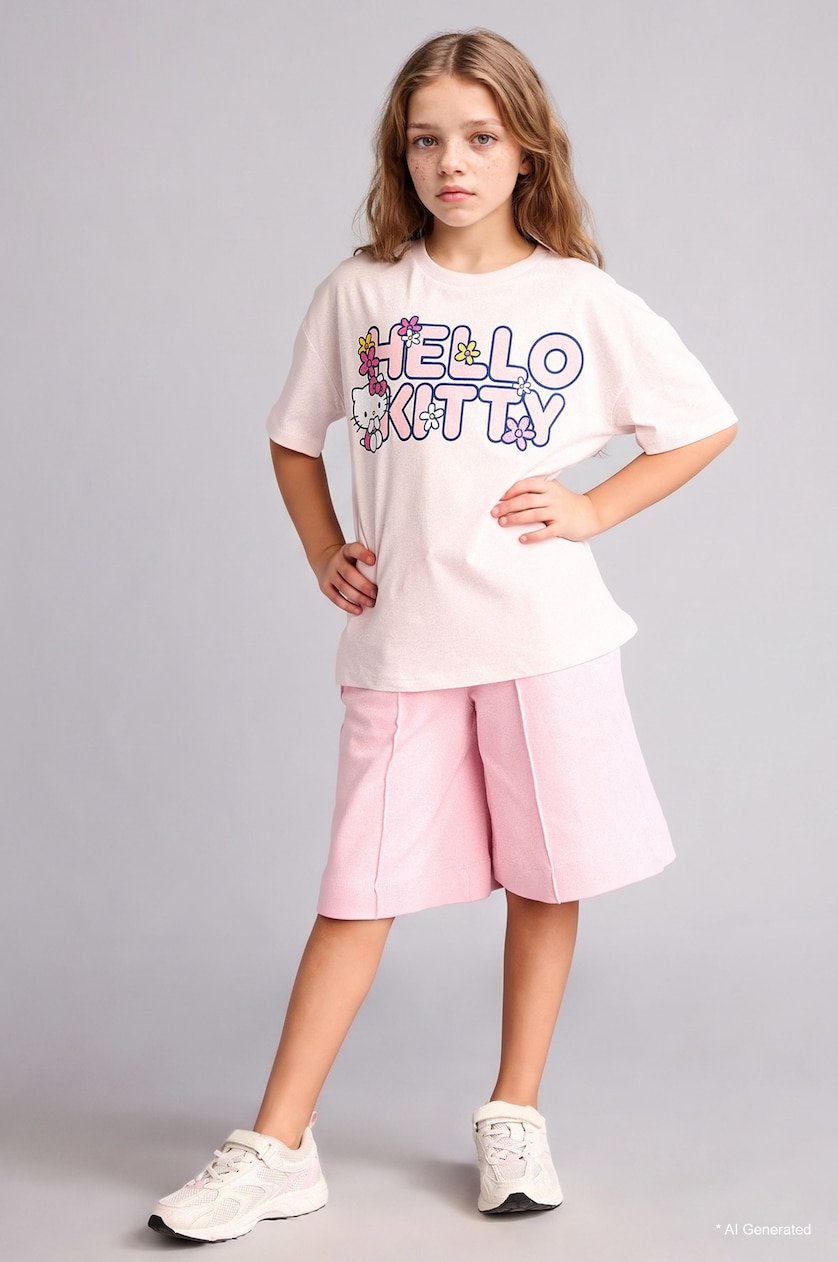 FILLES Rose Clair T-shirt Hello Kitty à col rond manches courtes Coupe décontractée pour fille