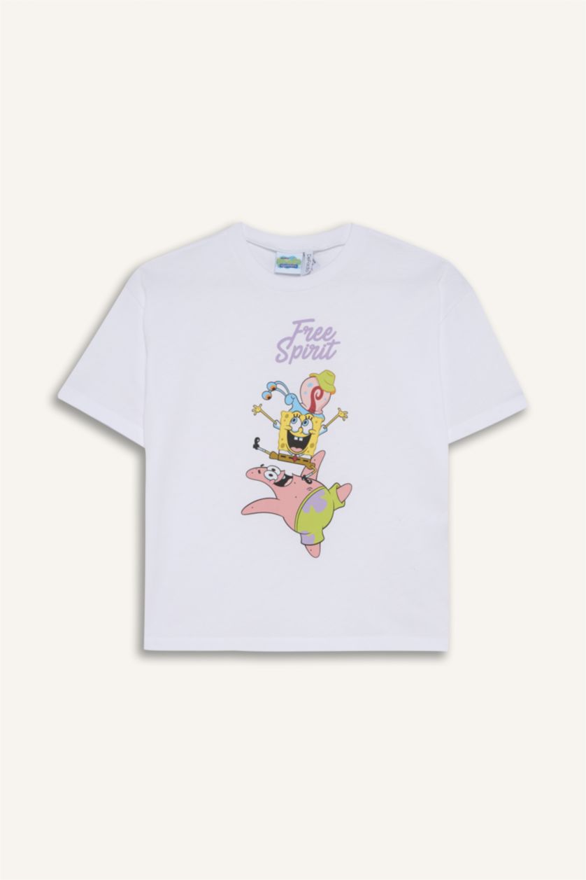 Kız Çocuk - Genç Kız Beyaz %100 Pamuk SpongeBob Oversıze Bisiklet Yaka Kısa Kollu Tişört Kız Çocuk